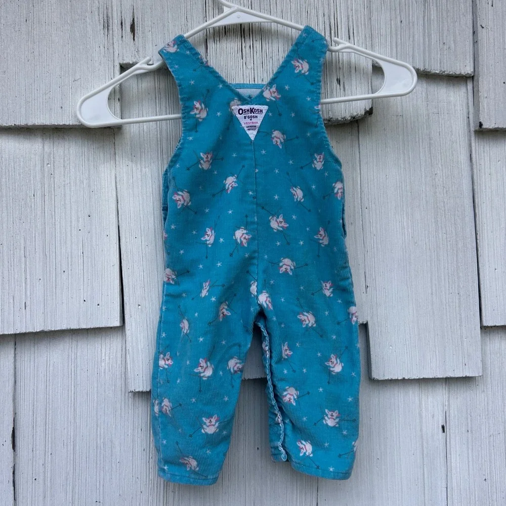 Vintage OshKosh B'gosh Baby Teal Bunny Corduroy Overalls Size 3/6‎ Months